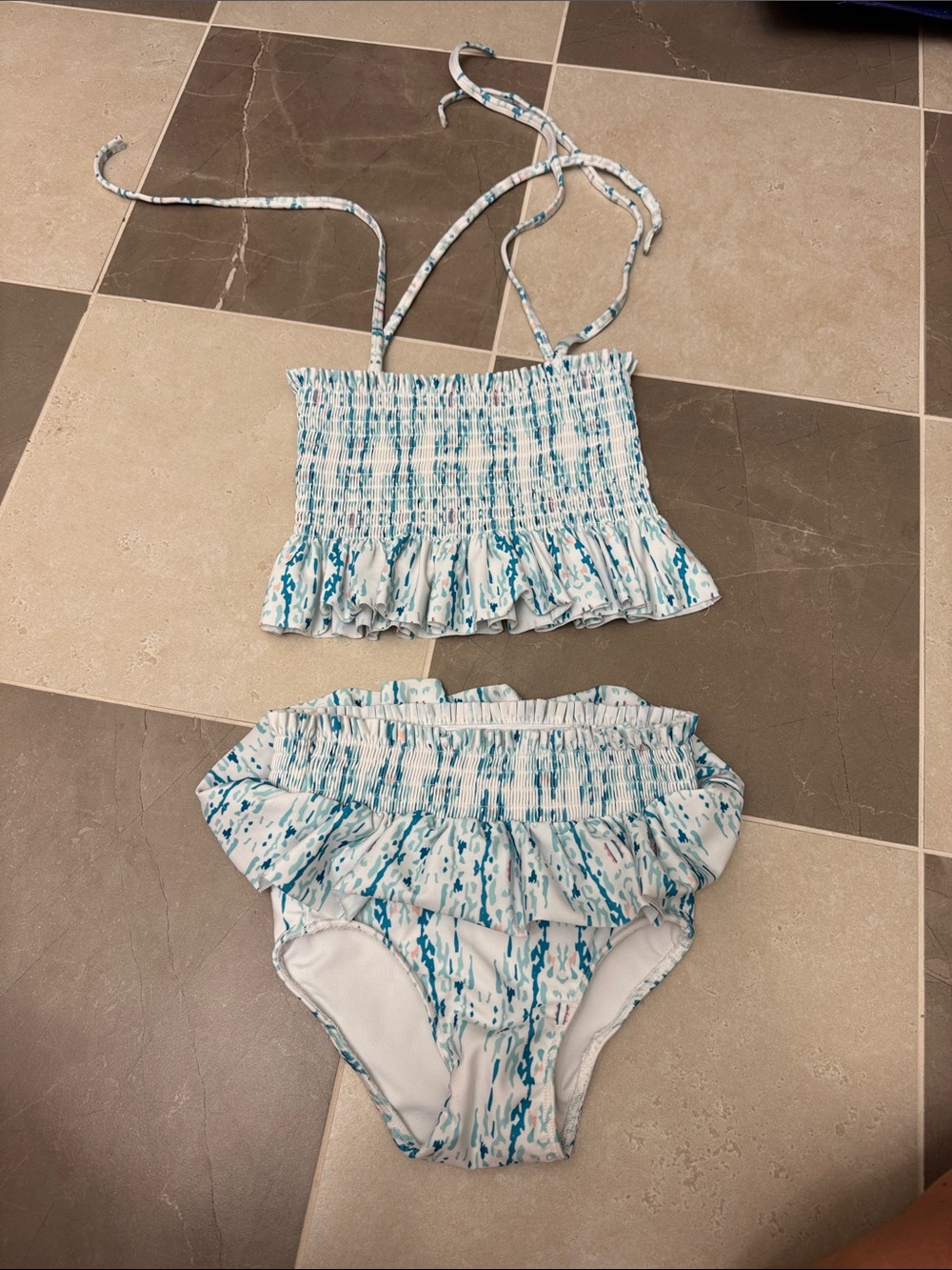 Girls Smocked Ruffle Bikini Set in Teal & White